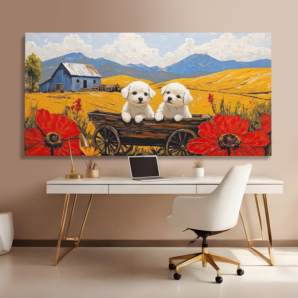 Tablou canvas cu tablou canvas cu catei in caruta si maci, fara rama, pe sasiu de lemn, pe perete intr-un birou